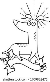scroll banner with black line work tattoo style surprised dog