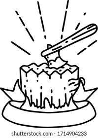 scroll banner with black line work tattoo style axe in tree stump