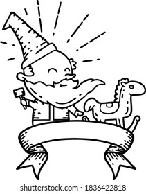 scroll banner with black line work tattoo style santa claus christmas character making toy