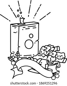 scroll banner with black line work tattoo style detergent and pile of clothes