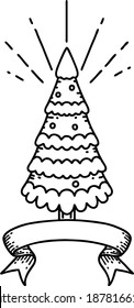 Scrollbanner mit schwarzer Linie, Tätowierungsstil, schneebedeckter Kiefer
