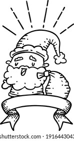scroll banner with black line work tattoo style santa claus christmas character with sack