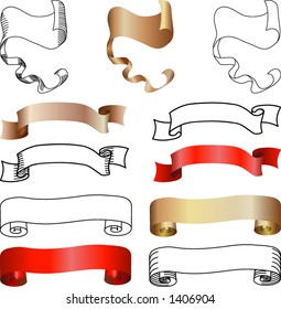 Scroll, banner, and flag design elements, several alternatives.