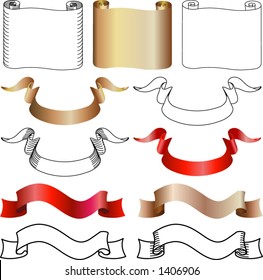 Scroll, banner, and flag design elements, several alternatives.
