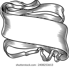 A scroll banner paper ribbon in a woodcut engraved etching vintage style.