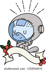 scroll banner with tattoo style animal in astronaut suit
