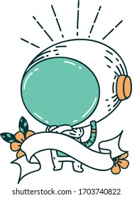 scroll banner with tattoo style astronaut