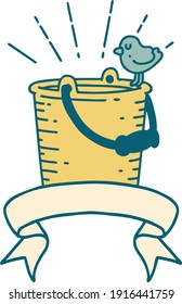 Scroll-Banner mit Tätowierungsvogel auf Eimer