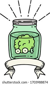 scroll banner with tattoo style brain in jar