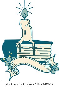 scroll banner with tattoo style candle melting on book