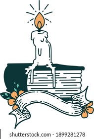 scroll banner with tattoo style candle melting on book