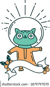 scroll banner with tattoo style cat in astronaut suit