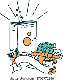 banner de desplazamiento con detergente estilo tatuaje y pila de ropa