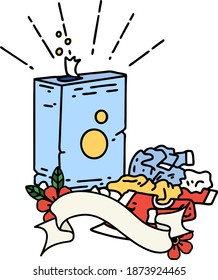 scroll banner with tattoo style detergent and pile of clothes