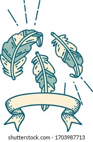 scroll banner with tattoo style feathers floating