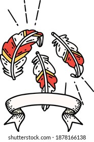 scroll banner with tattoo style feathers floating