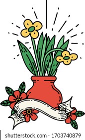 scroll banner with tattoo style flowers in vase