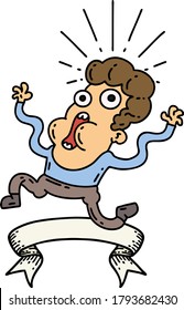 scroll banner with tattoo style frightened man