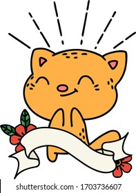 scroll banner with tattoo style happy cat
