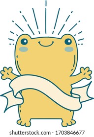 scroll banner with tattoo style happy frog