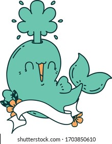 scroll banner with tattoo style happy squirting whale character