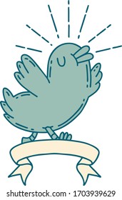 scroll banner with tattoo style happy bird