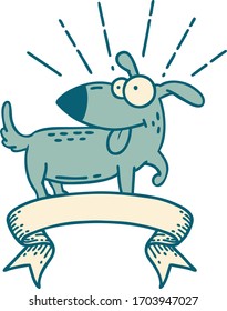 scroll banner with tattoo style happy dog