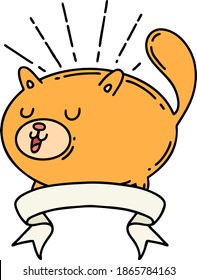 scroll banner with tattoo style happy cat