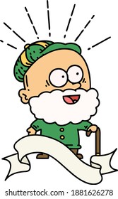 scroll banner with tattoo style happy old man with walking stick
