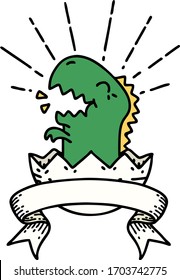 scroll banner with tattoo style hatching dinosaur