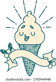 scroll banner with tattoo style ice cream character