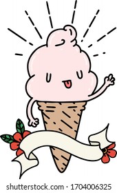 scroll banner with tattoo style ice cream character waving