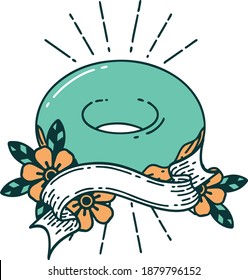 scroll banner with tattoo style iced donut