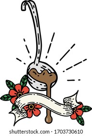 scroll banner with tattoo style ladle of gravy