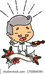 scroll banner with tattoo style man serving wine
