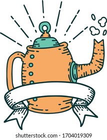 scroll banner with tattoo style old coffee pot steaming