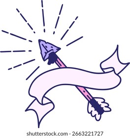 Scroll-Banner mit Tattoo-Stil alte flint Spitze Pfeil in hellen Neon Farbe