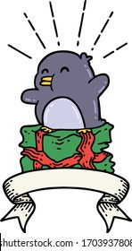 Scroll-Banner mit Tätowierungspinguin auf Gegenwart