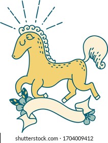 scroll banner with tattoo style prancing stallion