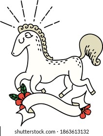 scroll banner with tattoo style prancing stallion