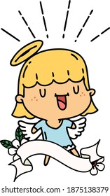 scroll banner with tattoo style singing angel