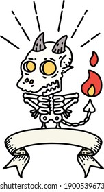 scroll banner with tattoo style skeleton demon character