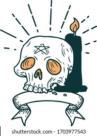 scroll banner with tattoo style spooky skull and candle