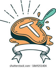 scroll banner with tattoo style steak and fork