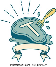 scroll banner with tattoo style steak and fork