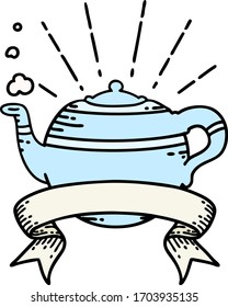 scroll banner with tattoo style steaming teapot