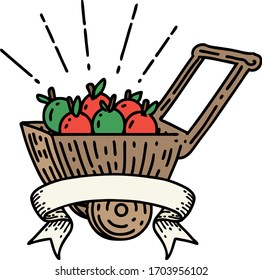 scroll banner with tattoo style wagon of apples