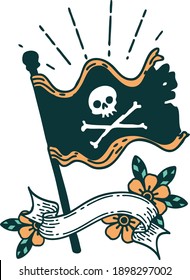 banner de desplazamiento con estilo de tatuaje ondeando bandera pirata