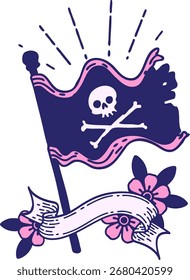 scroll banner with tattoo style waving pirate flag in bright neon color