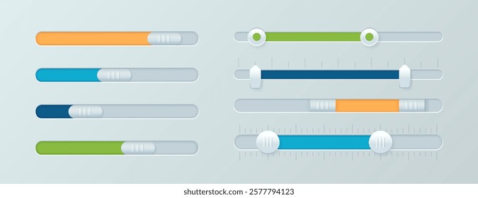 Scroll bar icons vector set. Computer scrollbars, sliders, web design elements for website, graphic ui, app user interface or internet page. Brightness controller, turn on or off toggle switch buttons